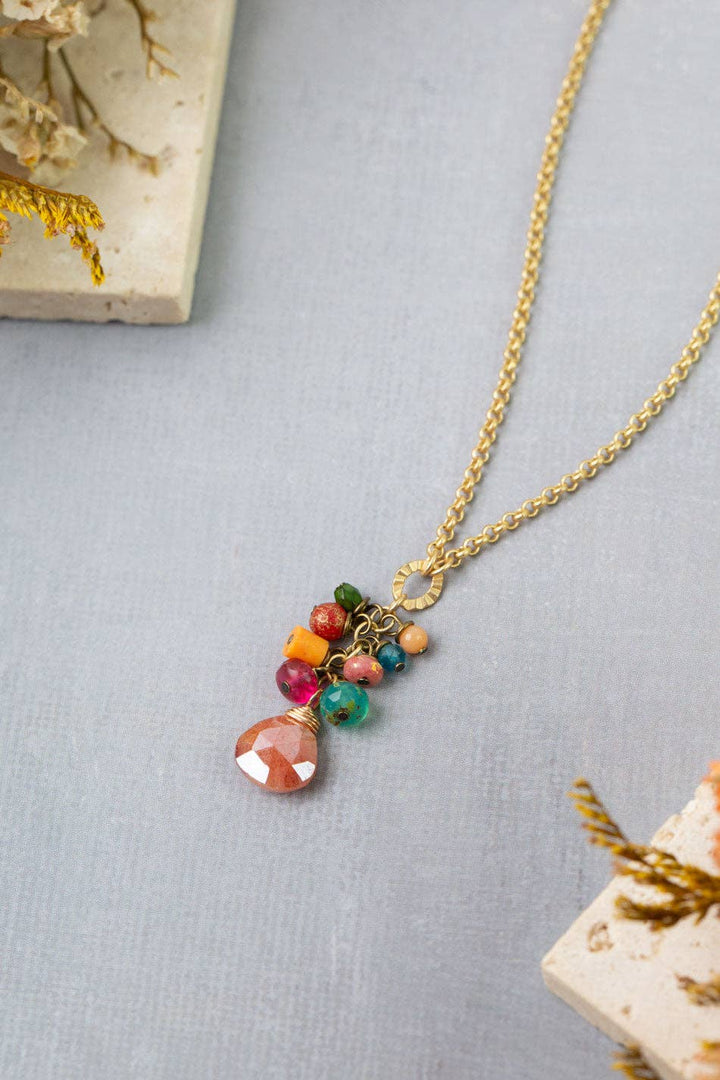 Farmers Market 15-17" Coral, Sunstone, Czech Glass Cluster Necklace