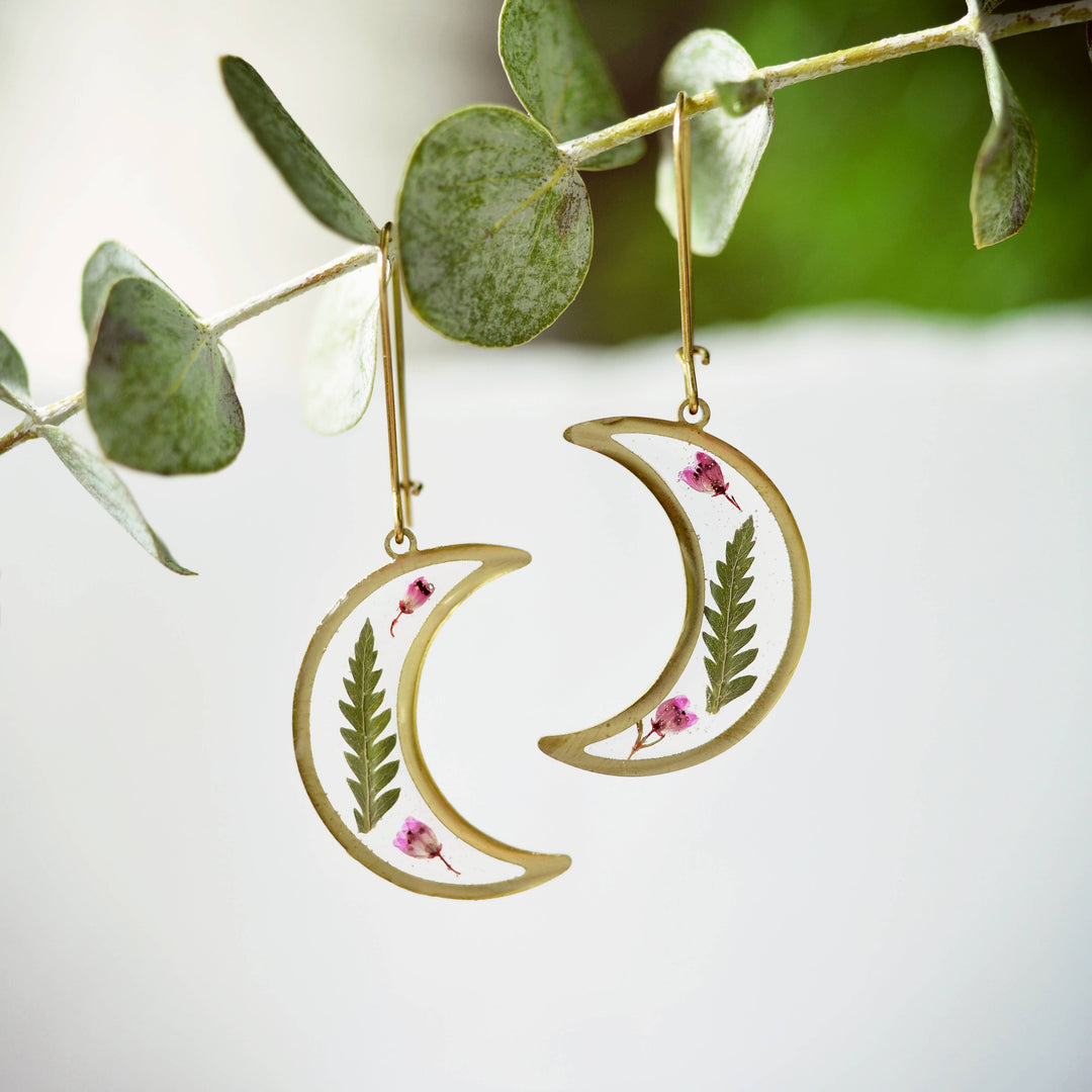 Preserved Heather Flower and Fern Moon Earrings