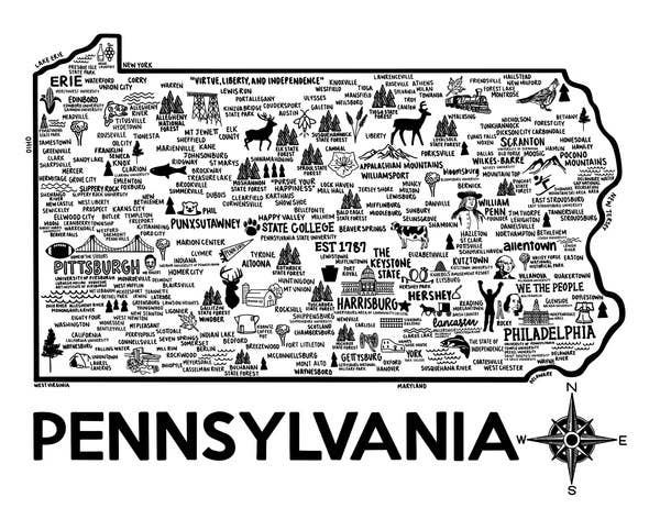 Pennsylvania Map Print White And Black