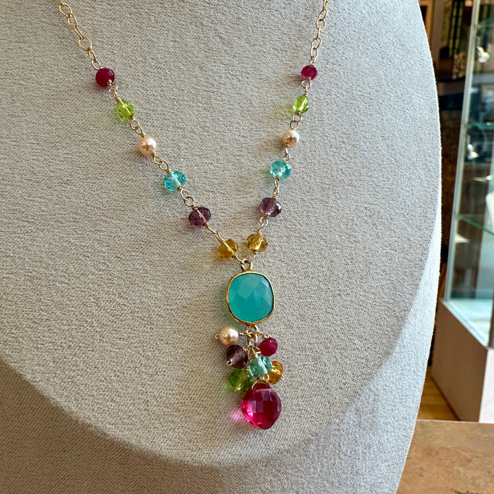Gem Cascade Pendant Necklace Chalcedony & Rose Quartz