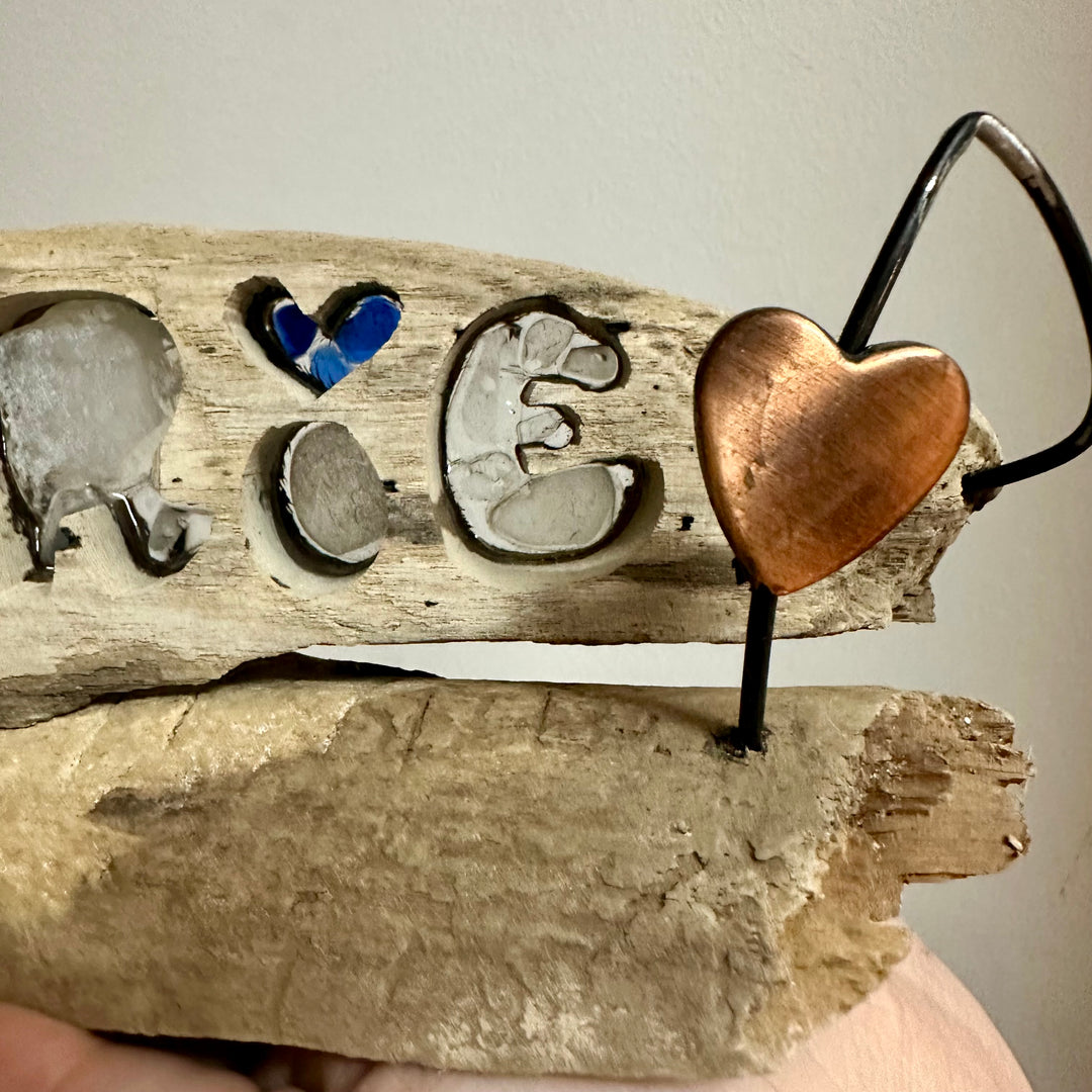 Driftwood + Beach Glass ERIE with Wire + Heart