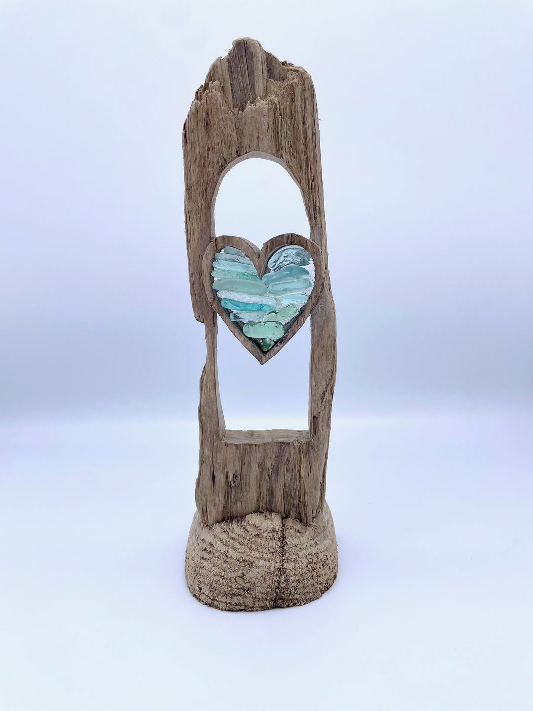 Standing Driftwood Heart with Stacked - Teal Blue Glass
