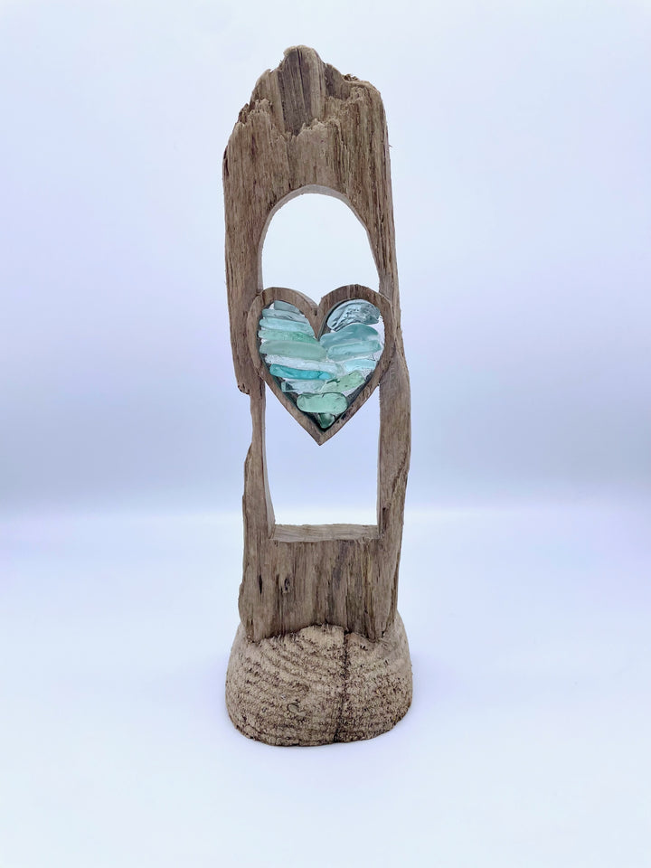 Standing Driftwood Heart with Stacked - Teal Blue Glass
