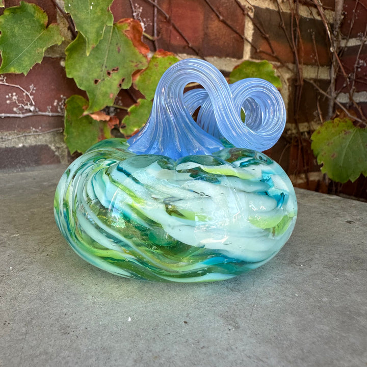 Glass Pumpkin - Small Green + White with Blue Stem