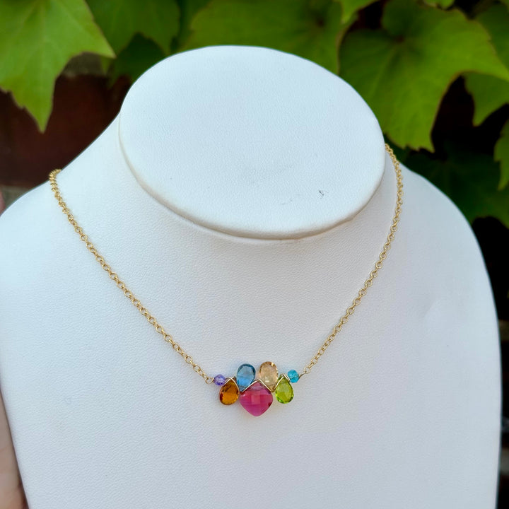 Square Gem & Teardrops Layering Necklace Rose Quartz