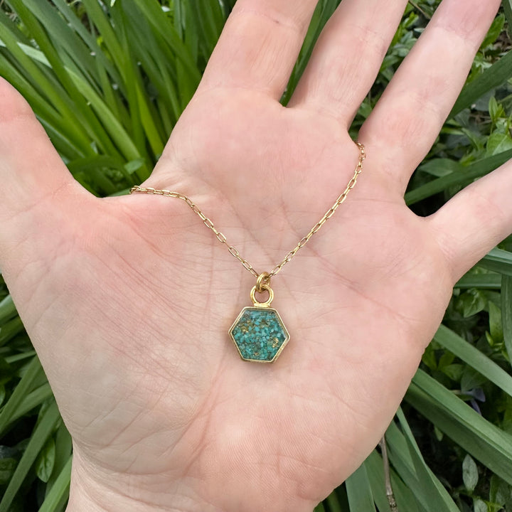 Petite Hexagon Crushed Gemstone Necklace: TURQUOISE + GOLD LEAF