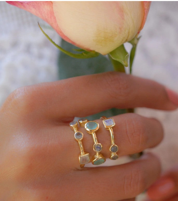 Beth Ring Labradorite, Moonstone + Teal Chalcedony Gold Plated