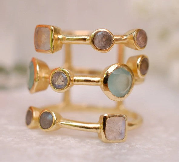 Beth Ring Labradorite, Moonstone + Teal Chalcedony Gold Plated