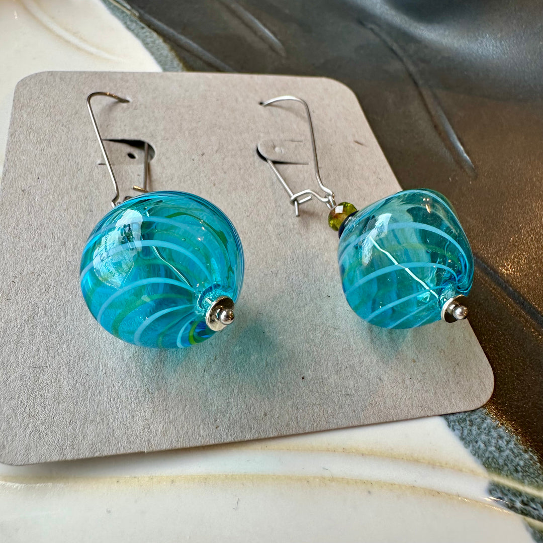 Aqua Blue Blown Glass Swirl Earrings