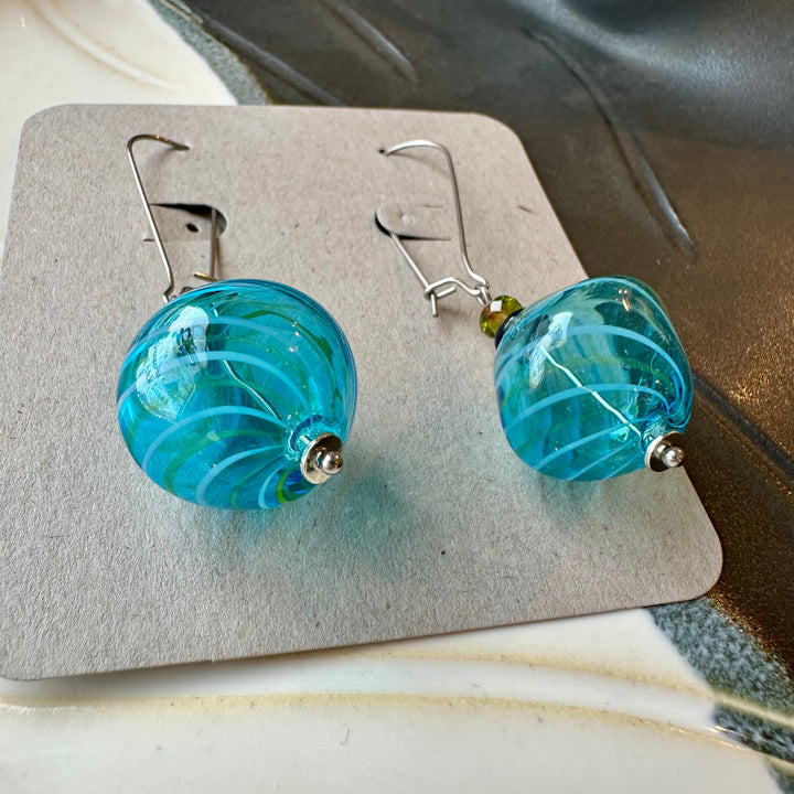 Aqua Blue Blown Glass Swirl Earrings