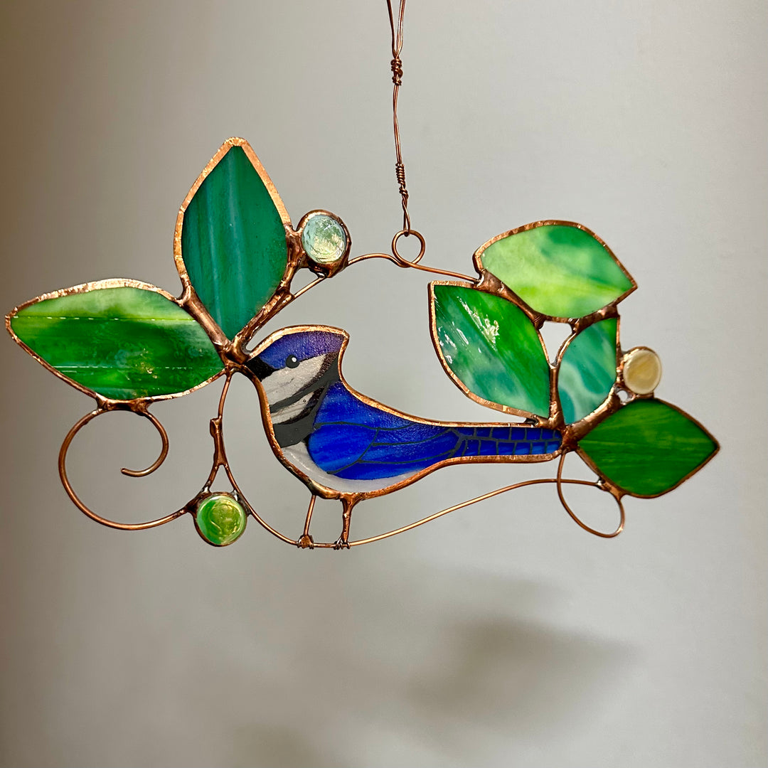 Blue Jay on Wire Stained Glass