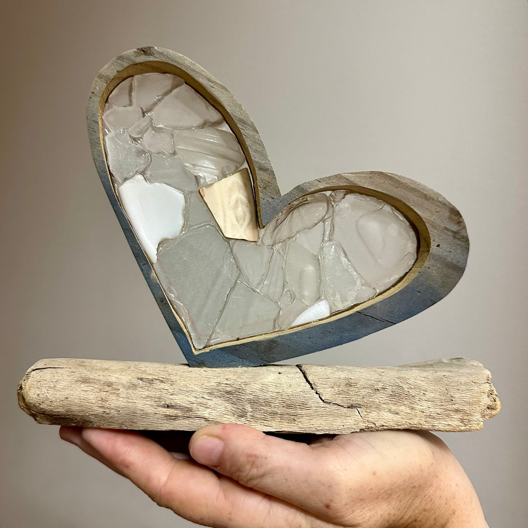 Driftwood + Beach Glass Large Blue Heart