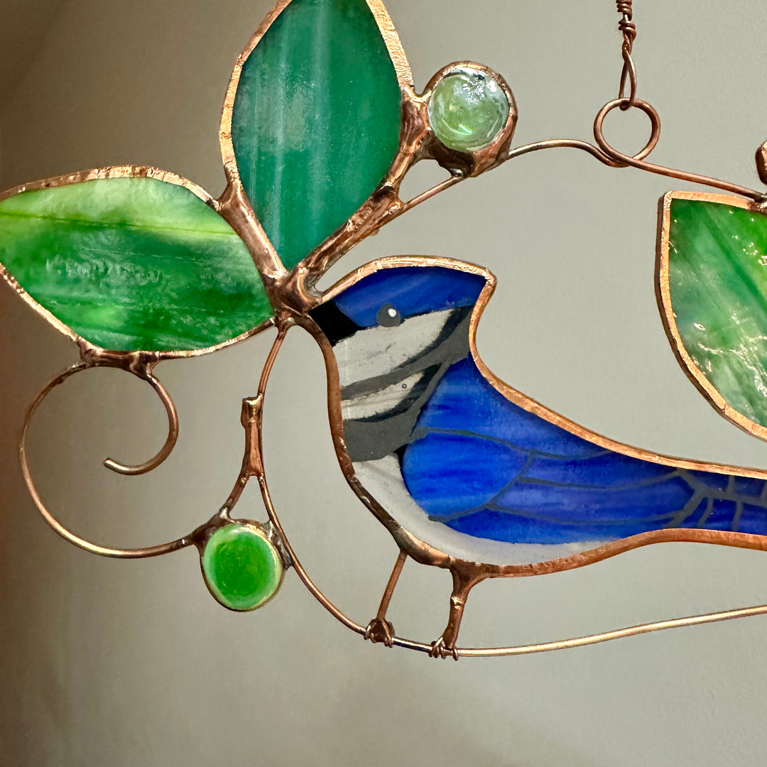 Blue Jay on Wire Stained Glass