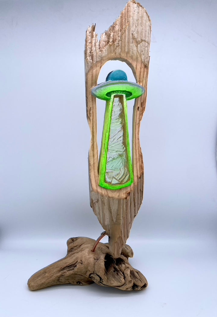 UFO - Carved Driftwood -Uranium + Vaseline Glass