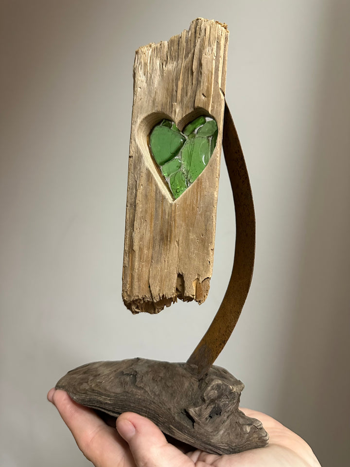 Driftwood + Beach Glass Green Heart with Metal Stand