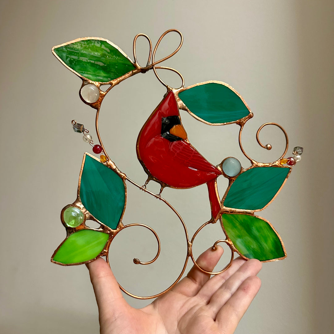 Cardinal on Wire Stained Glass