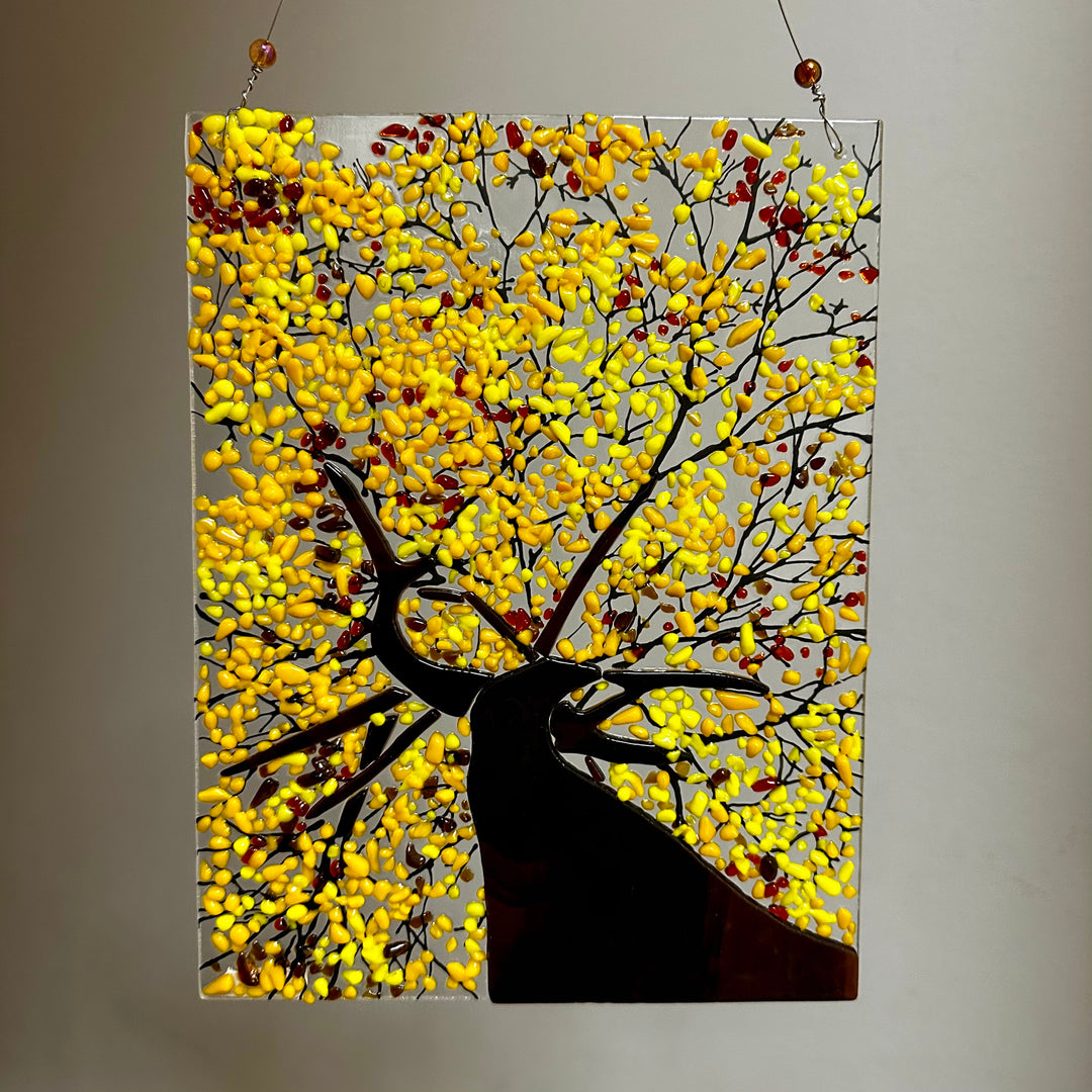 Yellow Birch Tree Scene Fused Glass Panel 2