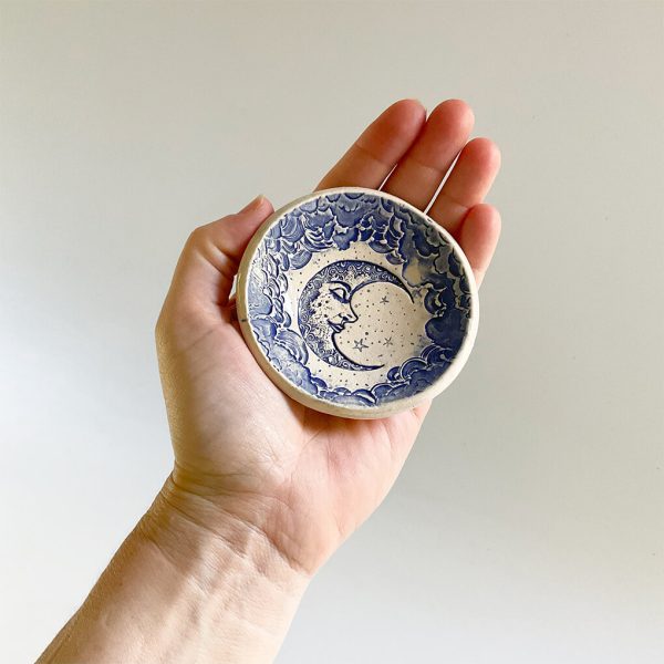 Pottery Dish Bowl - Blue Crescent Moon