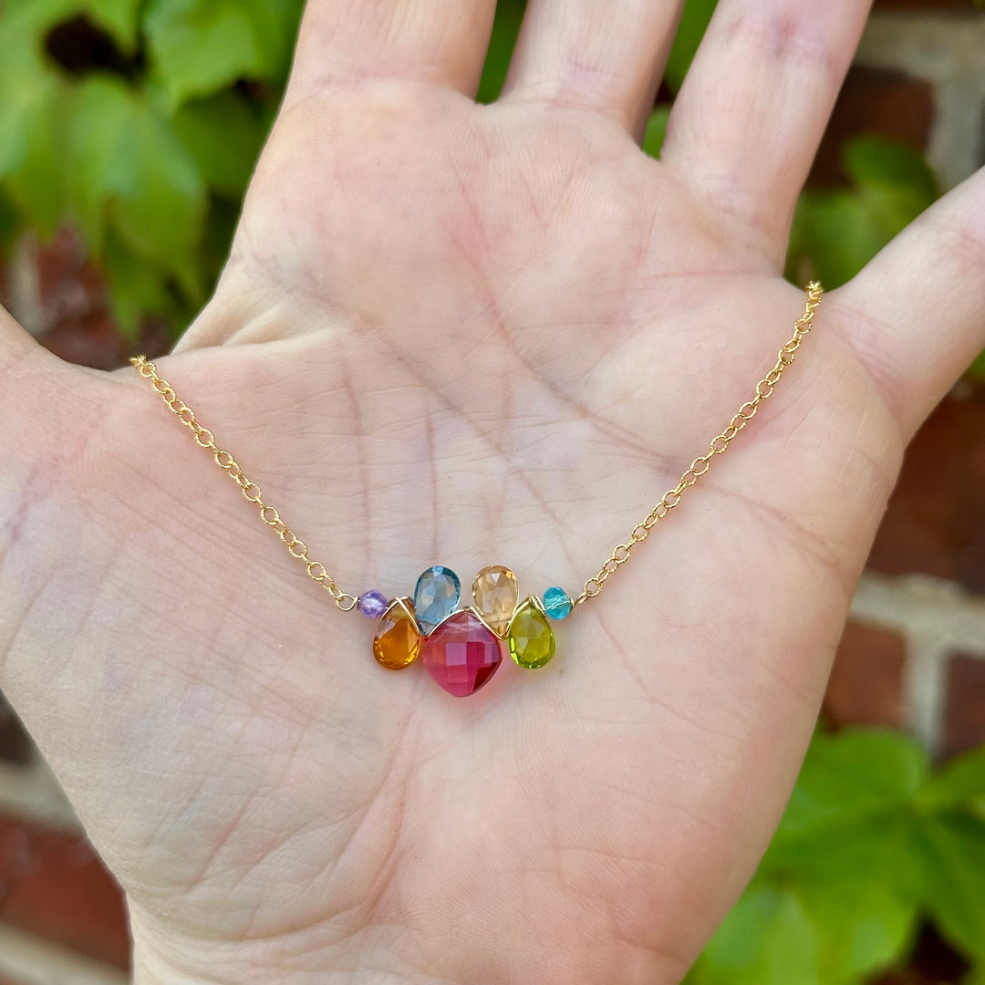 Square Gem & Teardrops Layering Necklace Rose Quartz