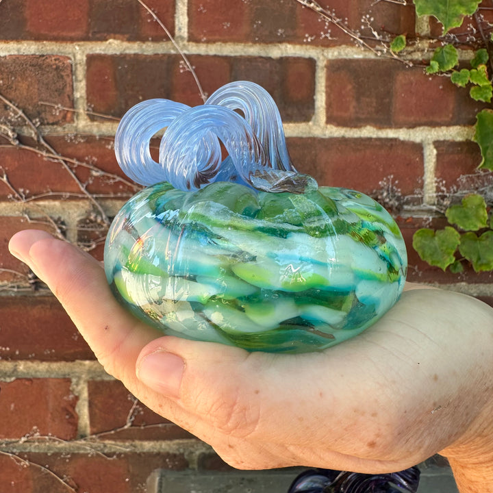Glass Pumpkin - Small Green + White with Blue Stem