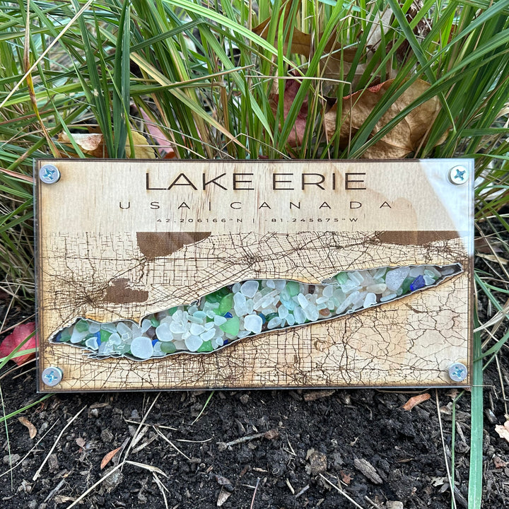 Lake Erie Map Wood + Beach Glass Small