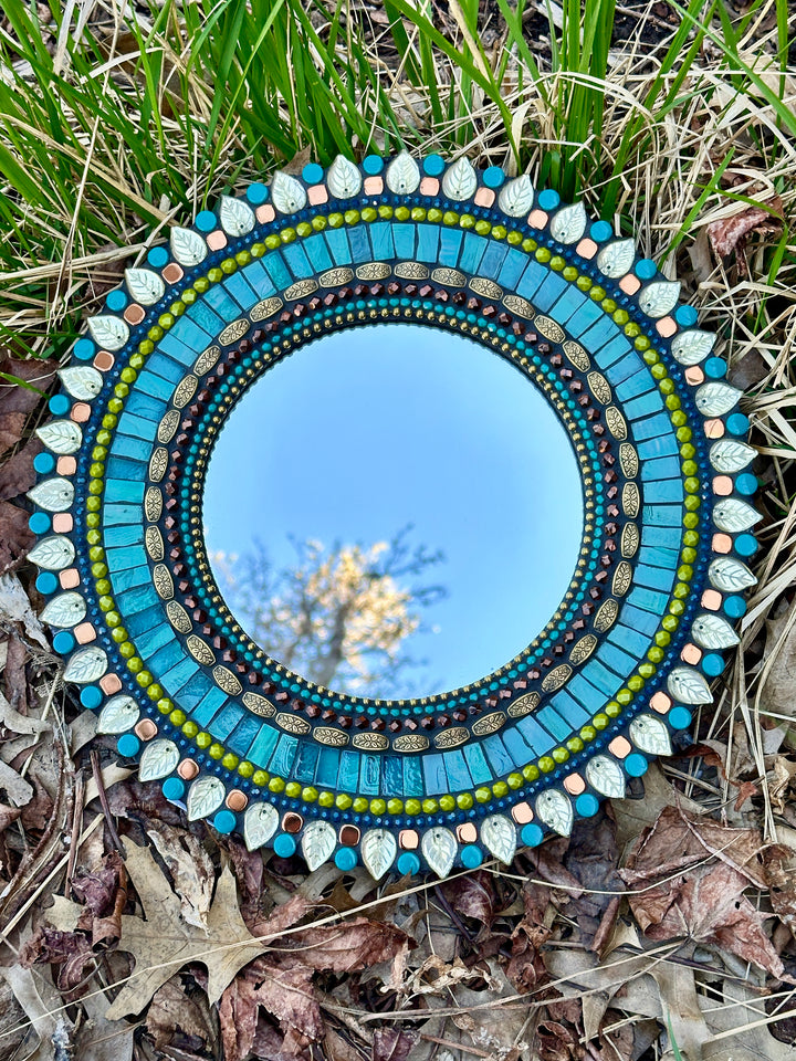 Teal Amber Round Mosaic Mirror