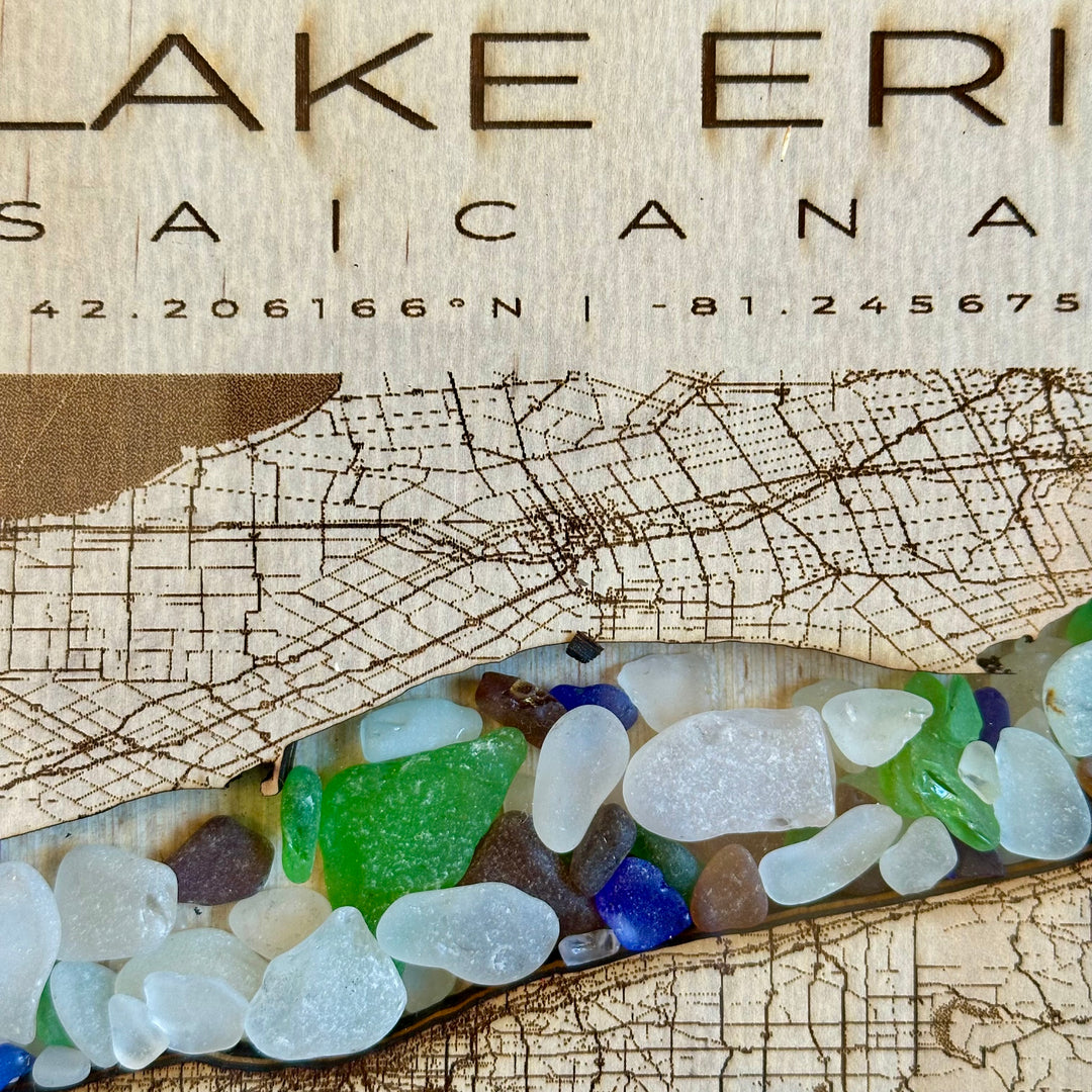 Lake Erie Map Wood + Beach Glass Small