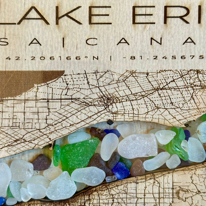 Lake Erie Map Wood + Beach Glass Small