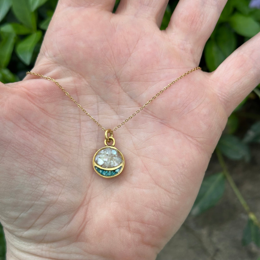 Mini Full Moon Necklace: Mother of Pearl + Turquoise