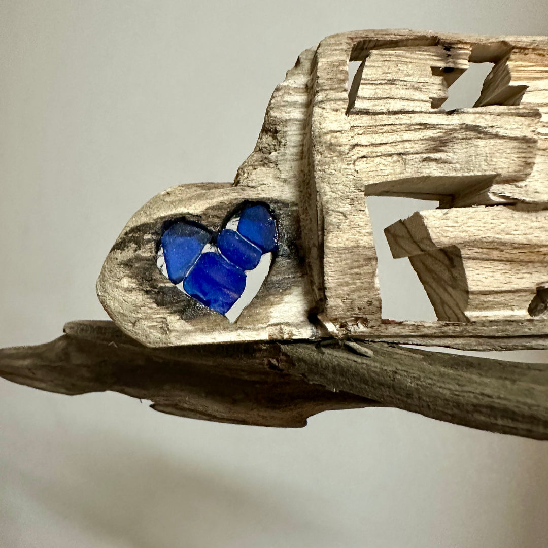 Driftwood + Beach Glass ERIE Carving with Blue Heart