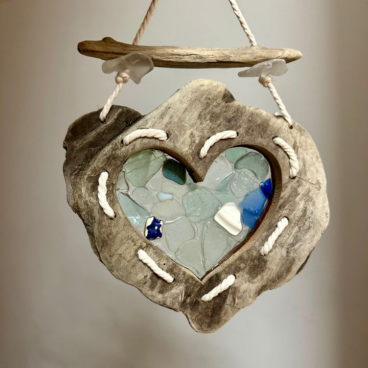 Driftwood + Beach Glass Heart - Wall Hanging