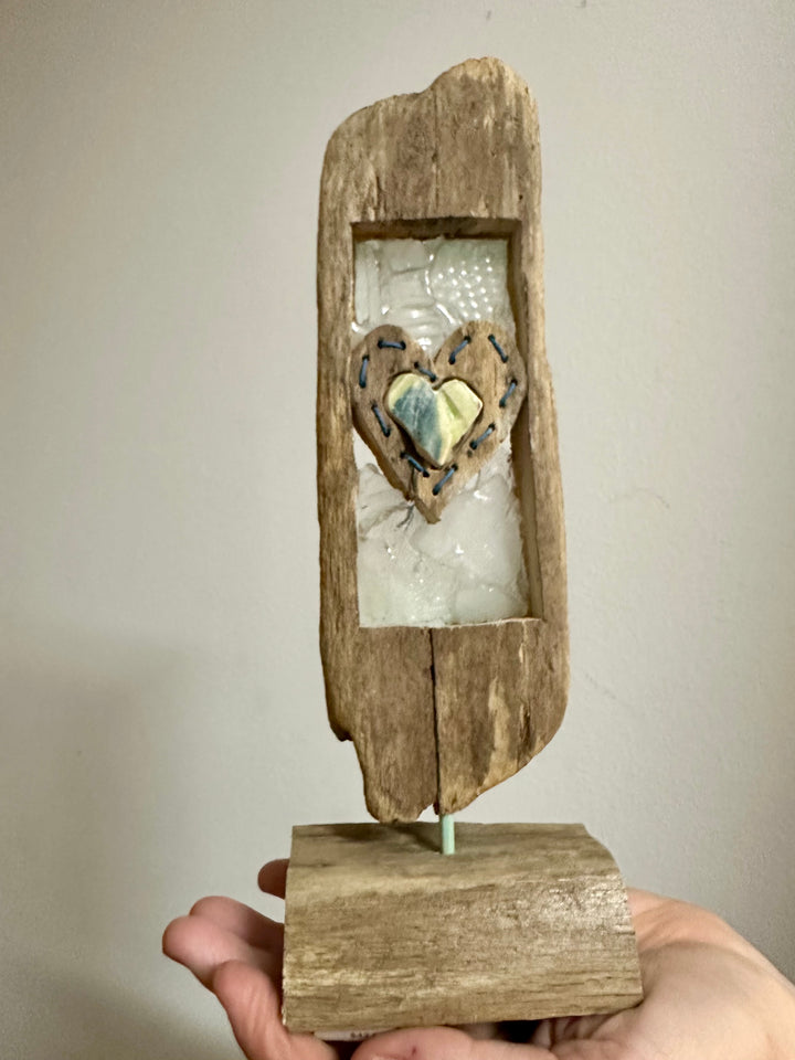 Threaded Driftwood + Beach Glass Heart Scupture