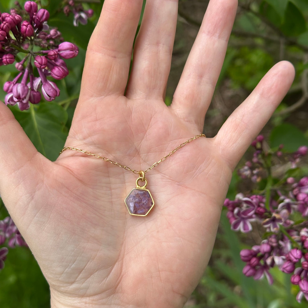 Petite Hexagon Crushed Gemstone Necklace: AMETHYST
