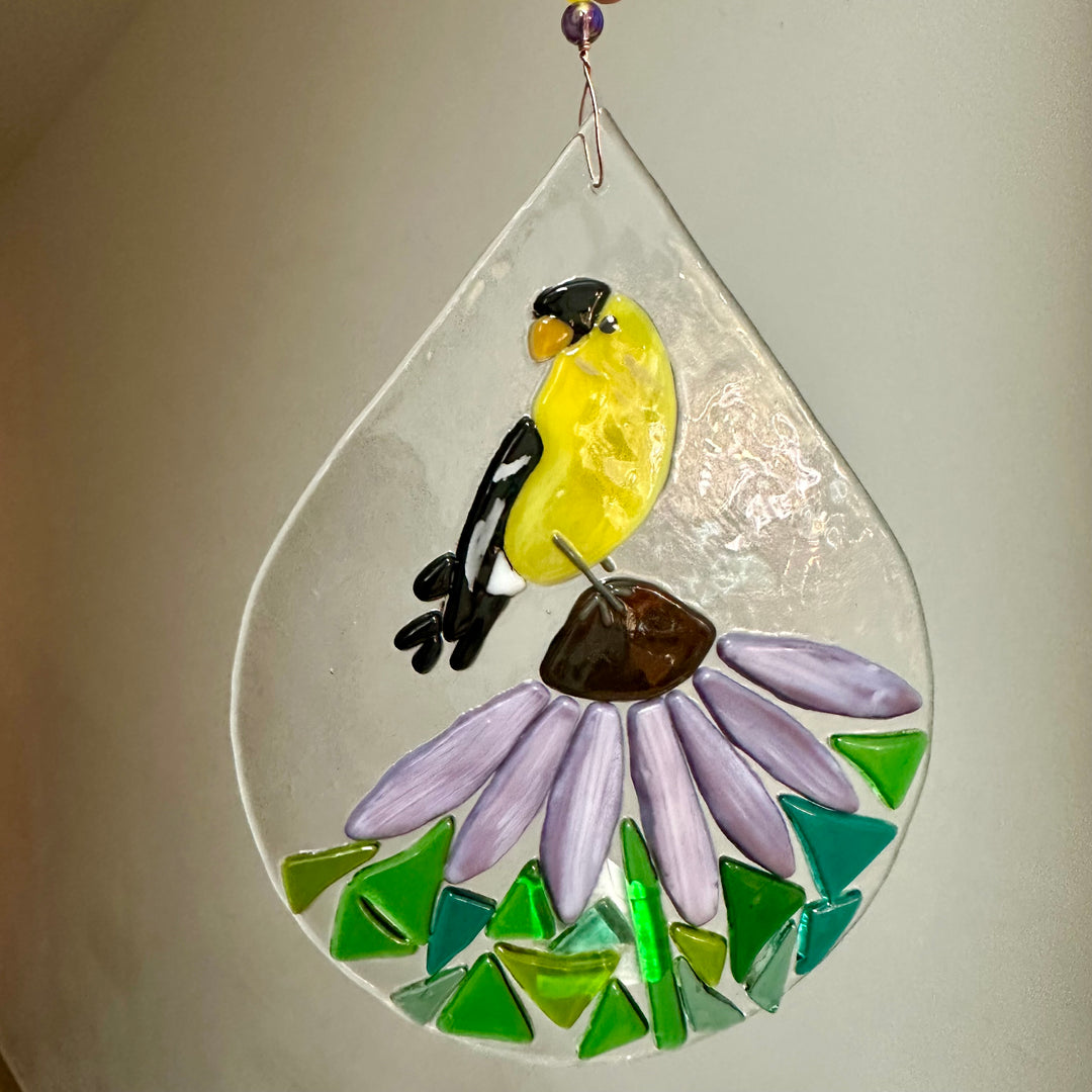 Yellow Finch + Coneflower Teardrop Suncatcher