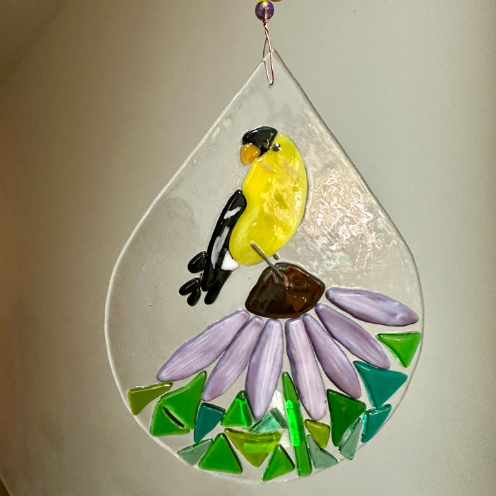 Yellow Finch + Coneflower Teardrop Suncatcher
