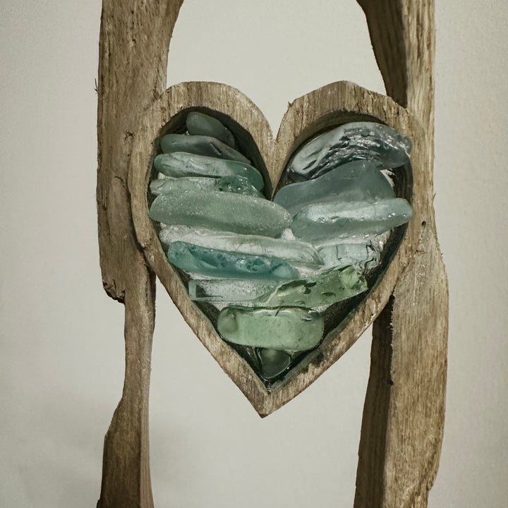 Standing Driftwood Heart with Stacked - Teal Blue Glass