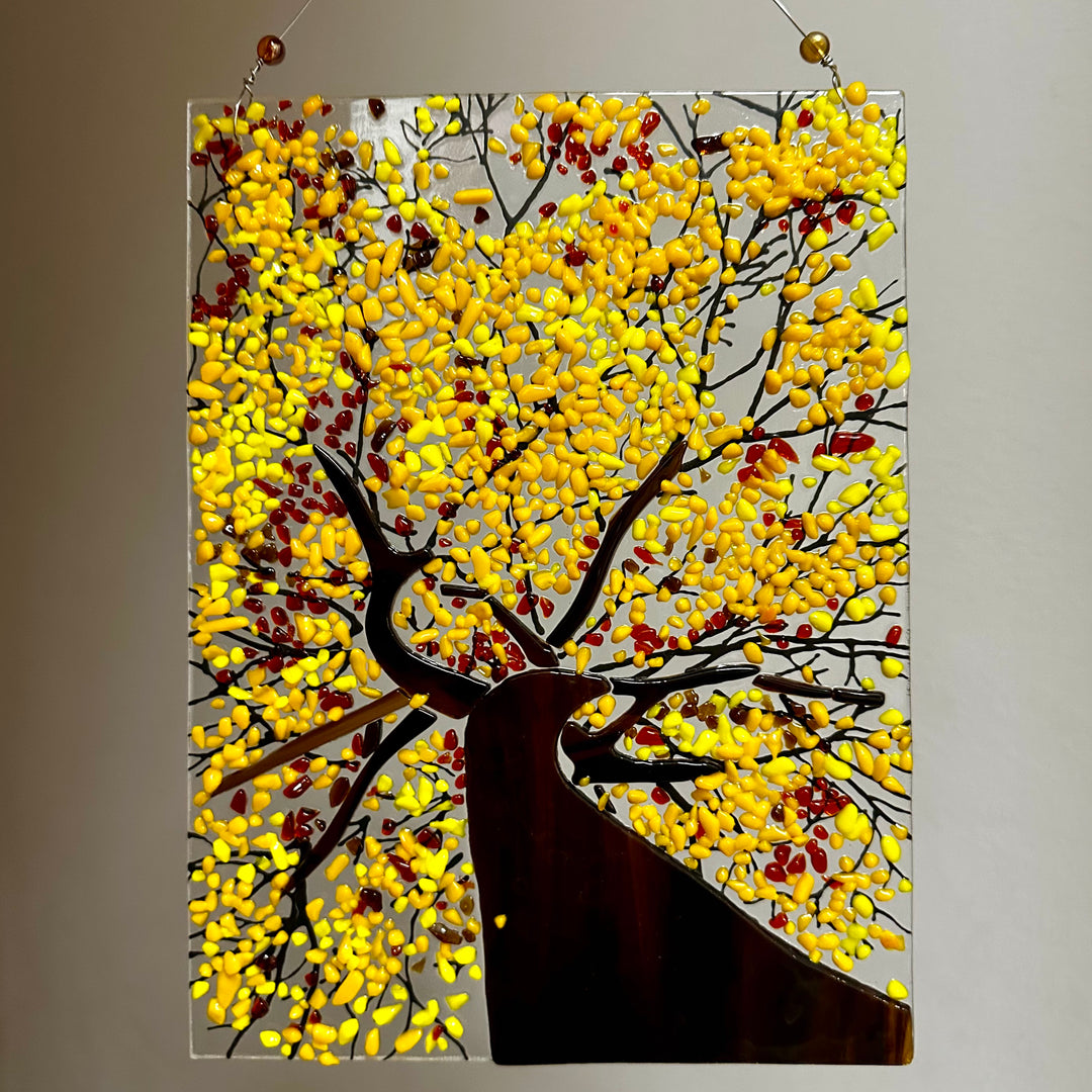 Yellow Birch Tree Scene Fused Glass Panel 3