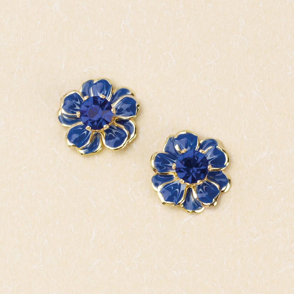 Enamel Flower Earrings Sapphire + Gold