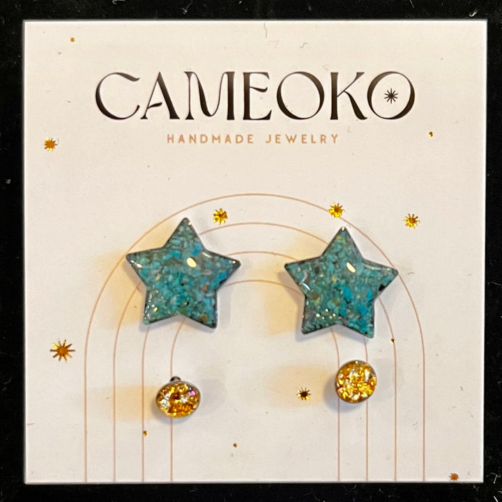 Star Pack Stud Earrings set of two - Gold leaf + Chrysocolla
