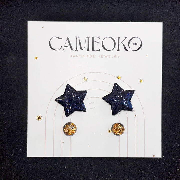 Star Pack Stud Earrings set of two - Gold Leaf + Blue Goldstone