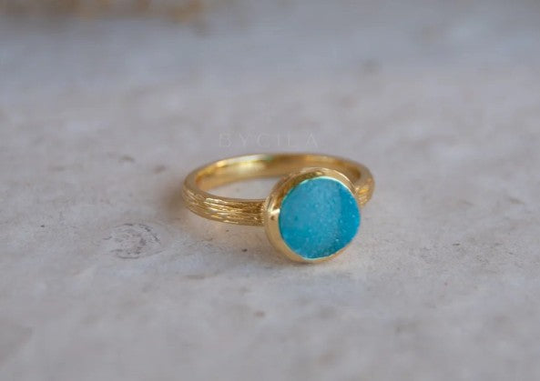 Leticia Ring Blue Druzy Gold