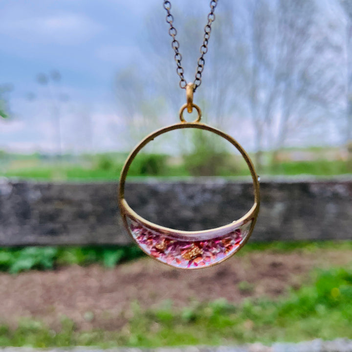 Long Crescent Necklace Garnet + Gold Leaf