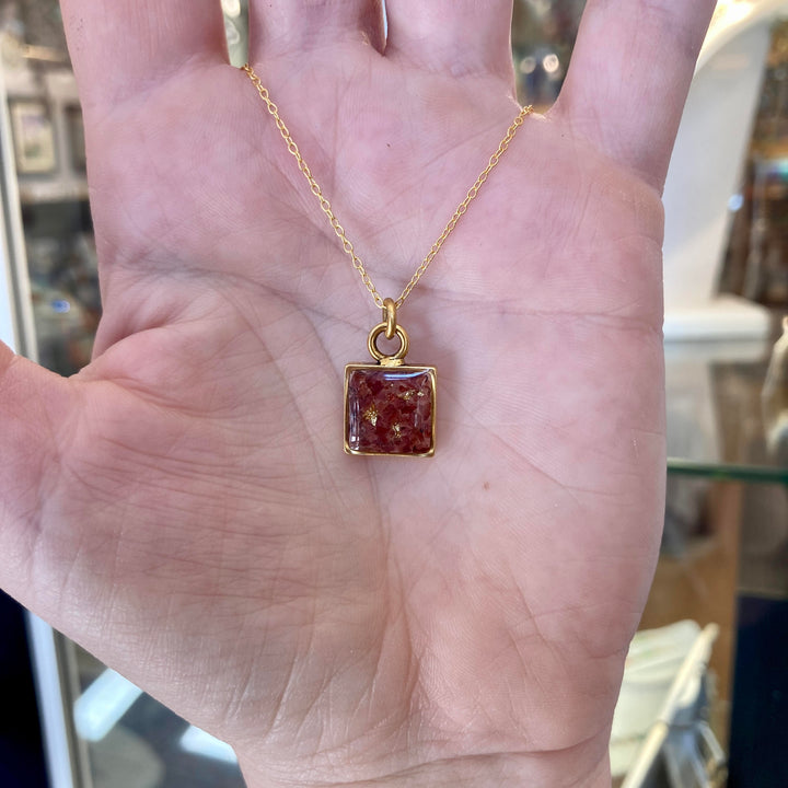 Petite Square Necklace Garnet Gold Leaf