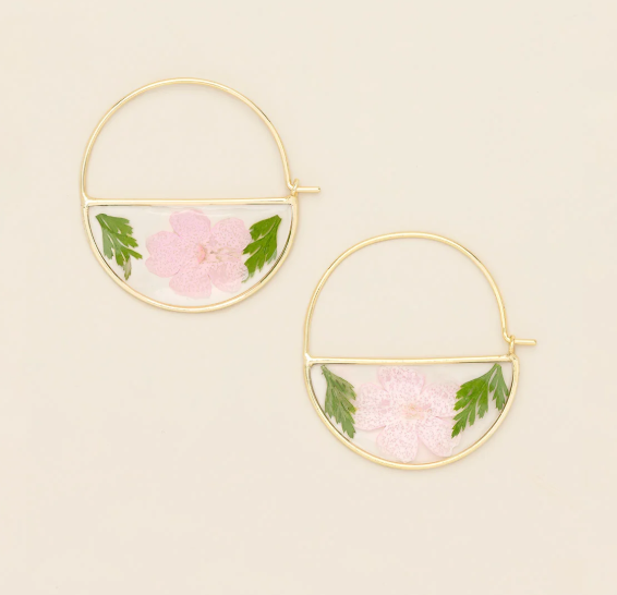Pressed Flower Hoop Earring Pink Cherry Blossom Gold