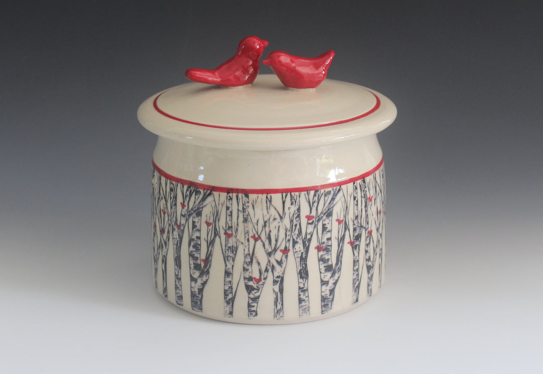 Forest Wide Jar with Red Birds