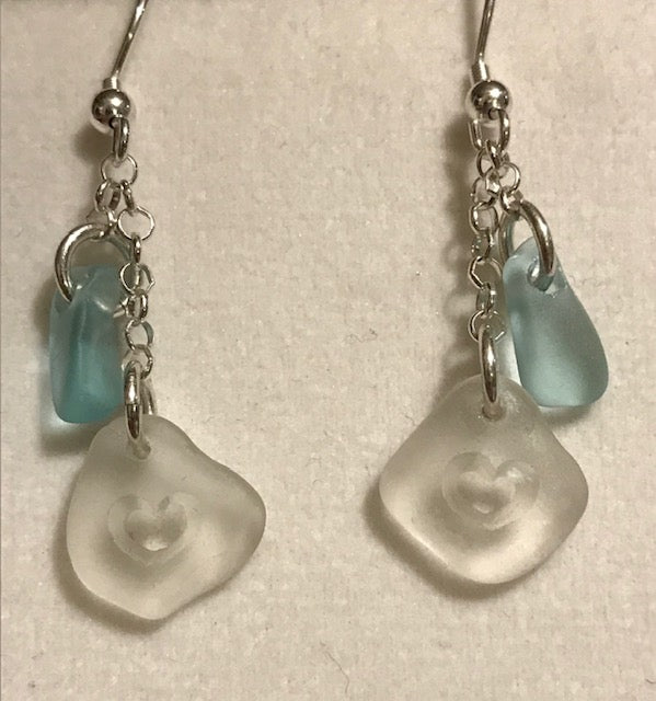 White Straight Heart With Aqua Earrings