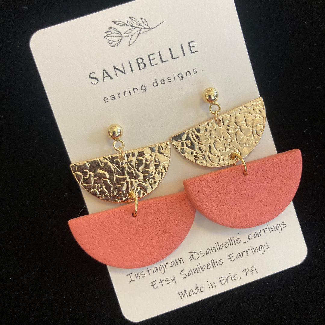 Semi Circle Post + Circle Earrings Coral