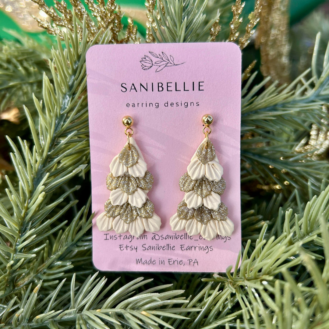 Fluffy Tree Earrings Cream + Gold