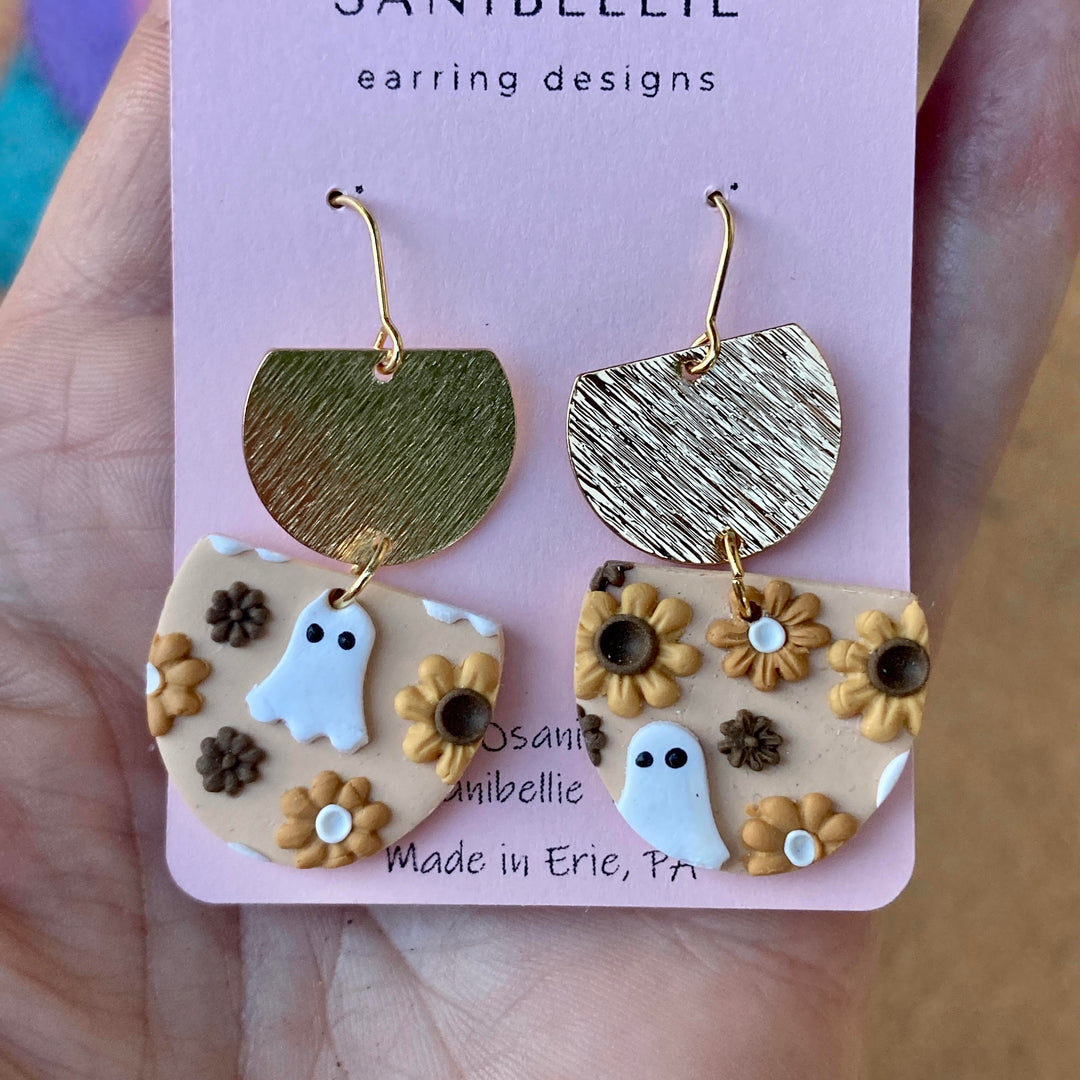 Semi Circle Ghost + Sunflower Earrings