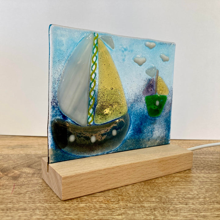 Sailboats in Electric Lighted Wood Base